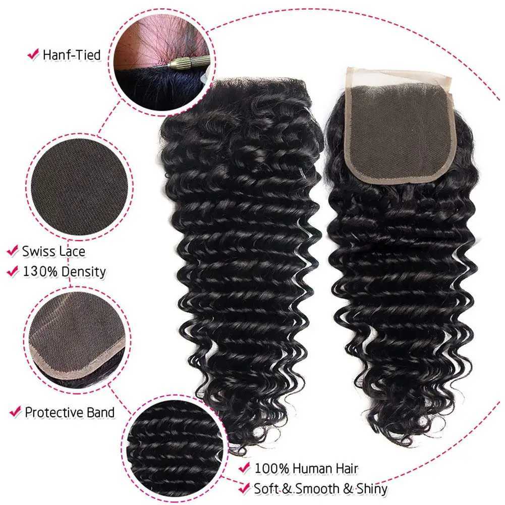 Bundles with Clo Deep Wave Brazilian Virgin Hair 3 Bundles with 4x4 HD Lace Clo With Baby Hair Natural Color Deep CurlyXJ250120