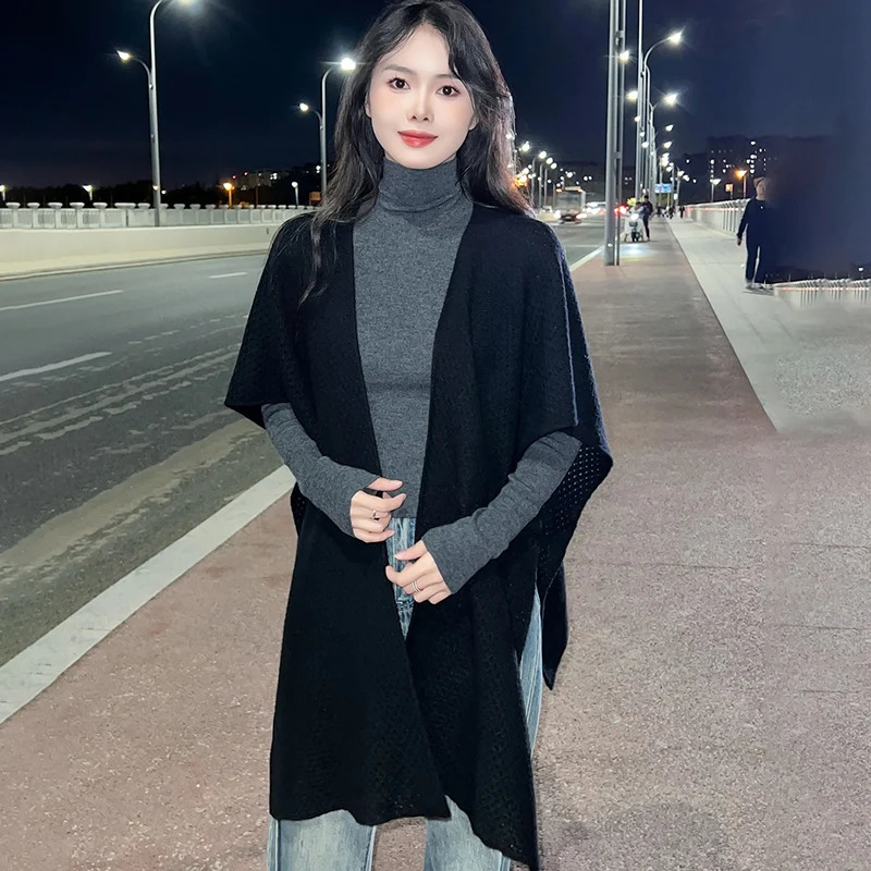 Wool Knitted Korean Edition Internet Celebrity Shawl Autumn/Winter Warm Solid Color Hollow Scarf Fashion Cloak High end Coat 250120