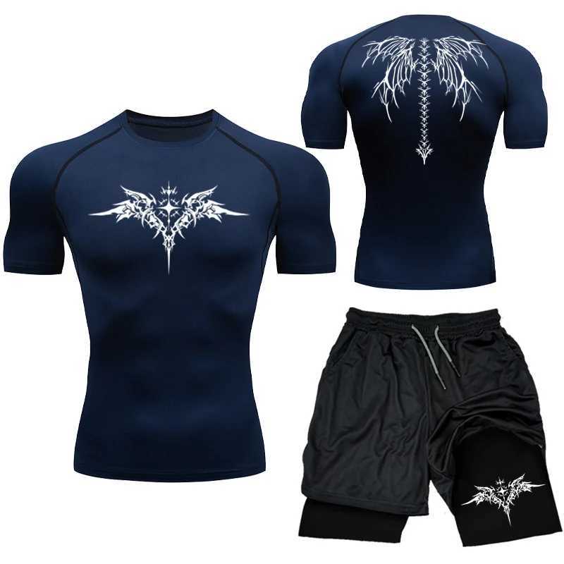 Compression Set Y2K Print Sportwear for Men Quick Dry GYM Shorts+Shirt 2PCS Quick Dry Rashguard Training Sport Suit 2024 New X250129