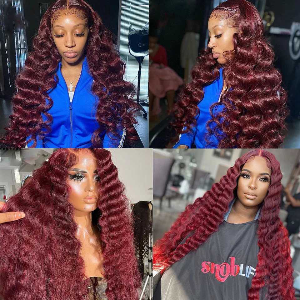 #99j Loose Deep Wave Hair Bundles With 4x4 13x4 HD Clo Frontal Dark Burgundy Human Hair Bundles With 13x4 Frontal PrepluckedXJ250120