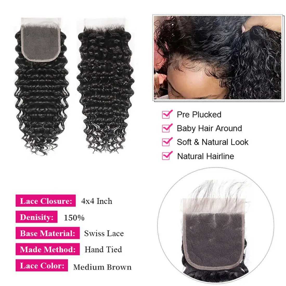 Deep Wave Bundles with Clo Human Hair 3 Bundles with 4x4 Lace Clo with Baby Hair Pre Plucked Free Part Natural Color #1BXJ250120