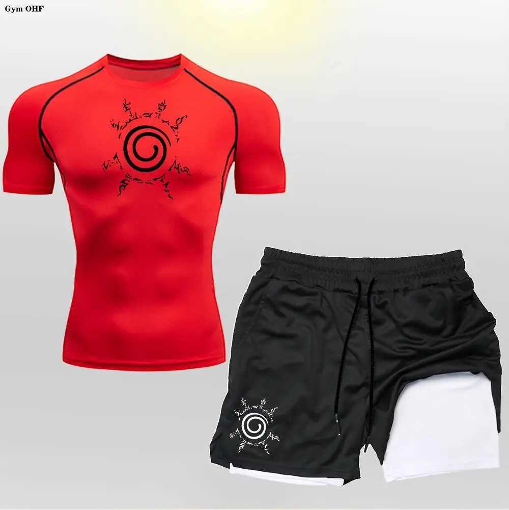 Anime compression shirt mens 2-in-1 shorts fitness gym exercise MMA Rashguard Jujutsu runner training clothing set X250129