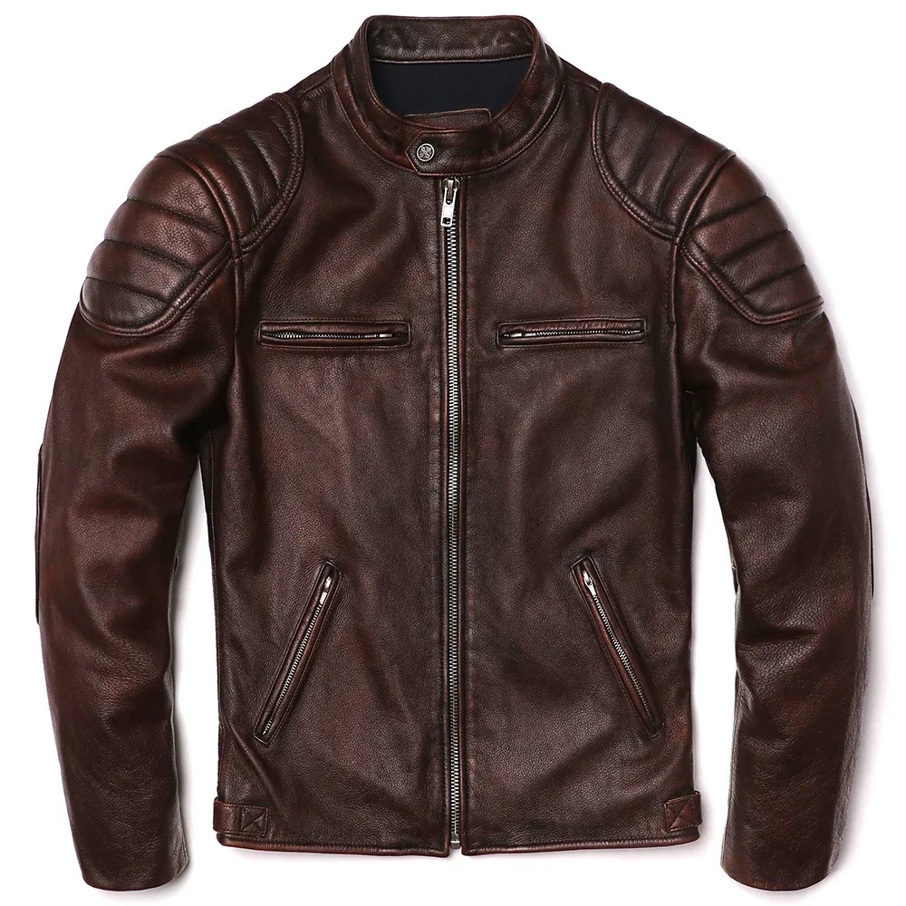 Vintage Brown Genuine Leather Jacket Real Natural Cowhide Men Motorcycle Biker Coat Mens Slim Calf Skin 250110