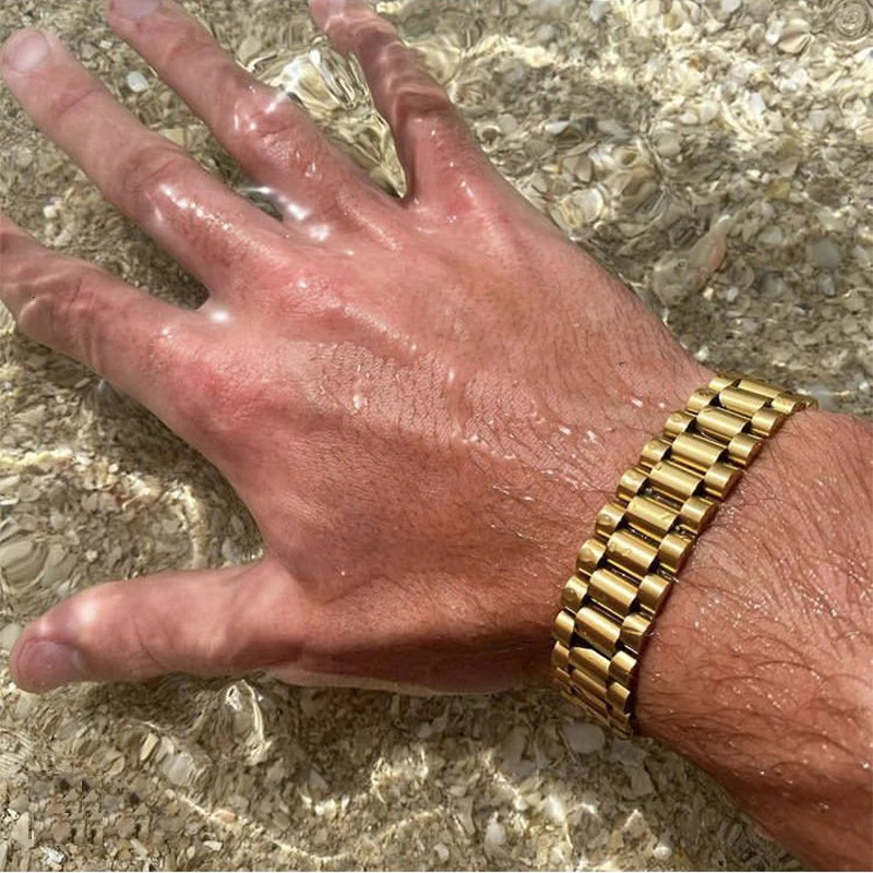 15mm Punk Gold Color Watch Chain Bracelet Ring Men Women Hiphop Stainless Steel Bike Strap Watchband Wristband Bracelets Jewelry 250117