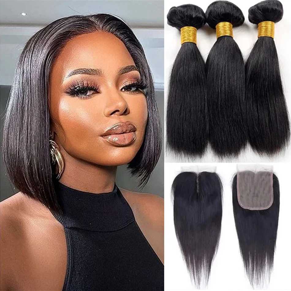 Short Straight Bundles With Clo 3/4 Bundles With Frontal Brazilian Unprocessed Virgin Short Bob Hair Tissage Cheveux HumainXJ250120