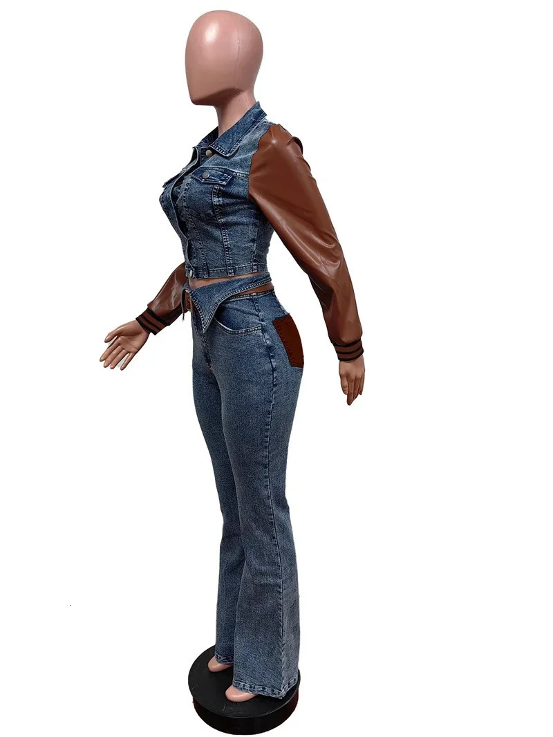 Colorblock Denim 2 Piece Sets Women Outfit Fall Clothes Women Patchwork Jean Jacket Top and Pants Sets Cow Two Piece Set 250120