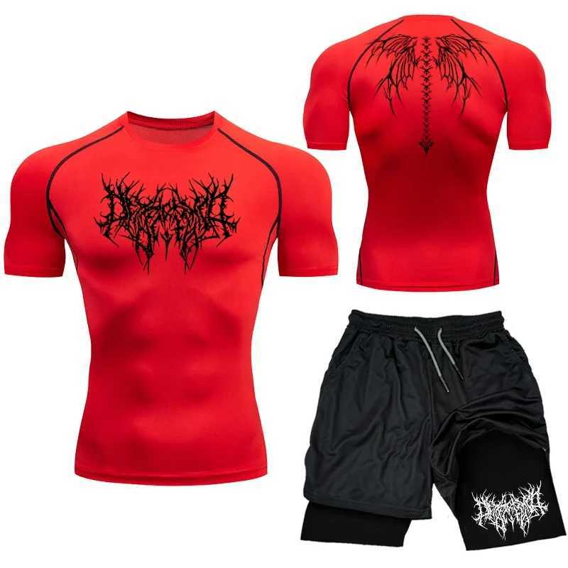 New compression set Y2K printing mens sportswear quick drying gym shorts+shirt 2PCS running exercise summer Rashguade sportswear X250129