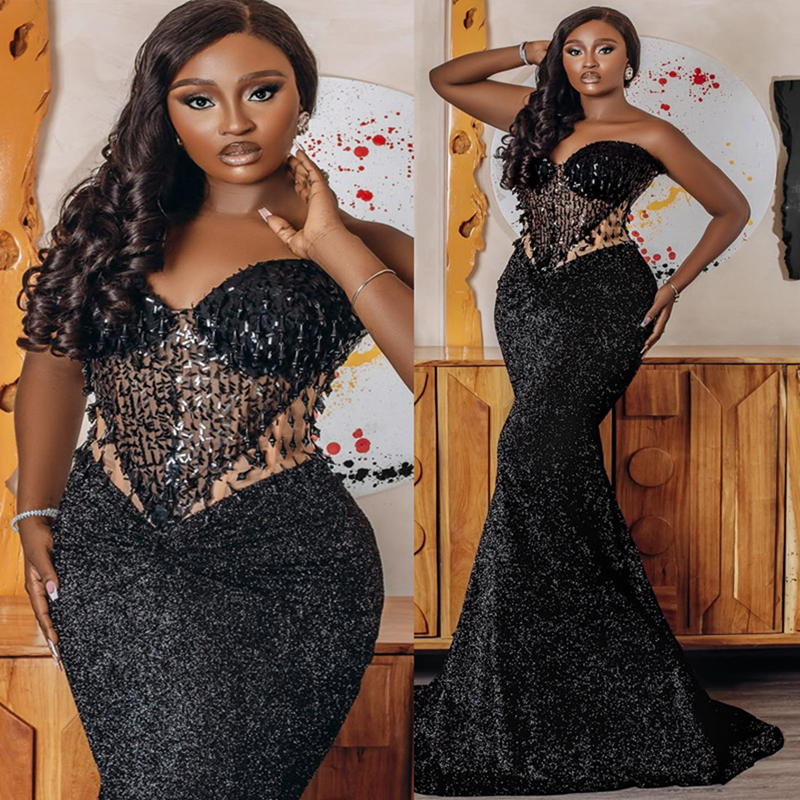 2025 Black Aso Ebi Prom Dresses Mermaid Evening Gowns For Black Women Illusion Appliqued Beaded Lace Birthday Party Dress Second Reception Gowns AM203