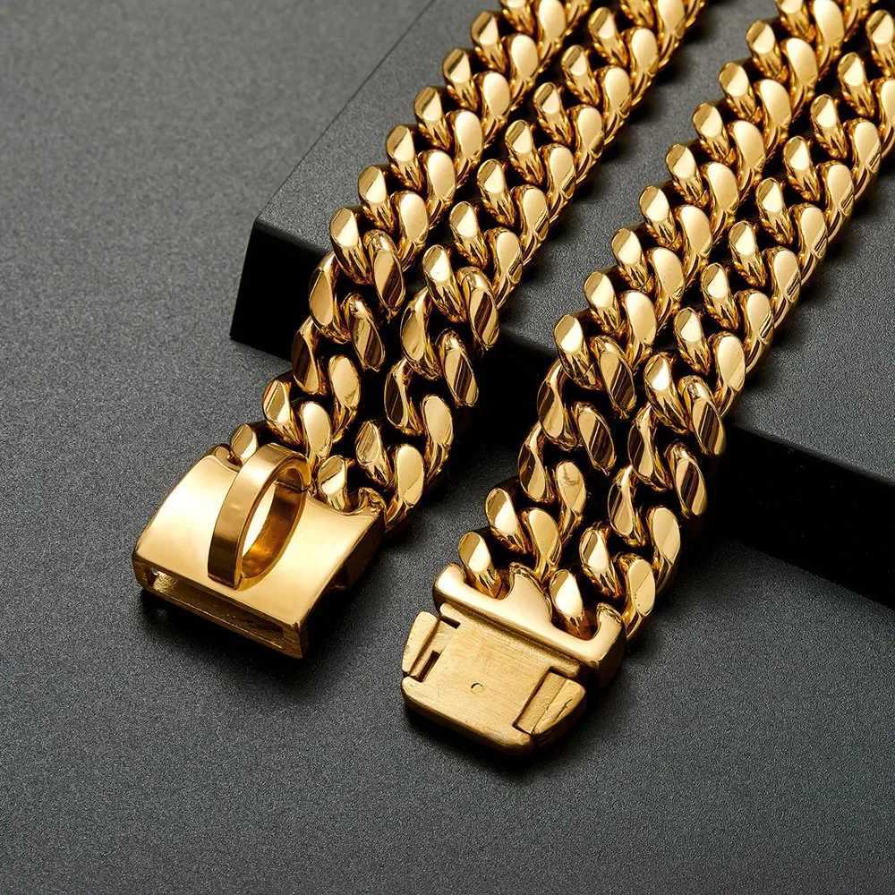 Heavy Duty Stainless Steel Dog Collar 12mm Double Row Chain Collar Gold Cuban Link for Medium Large Dogs Metal Pet Chain Collar X250129