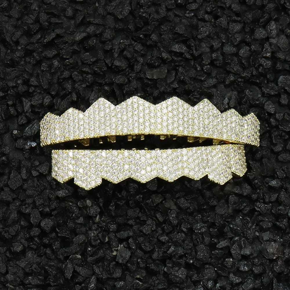 1set Hip Hop Full Iced Out Long Teeth Grillz Gold Plated Dental Grills Rock Tooth Grillz Caps Crystal Teeth Caps Halloween GiftXJ250114
