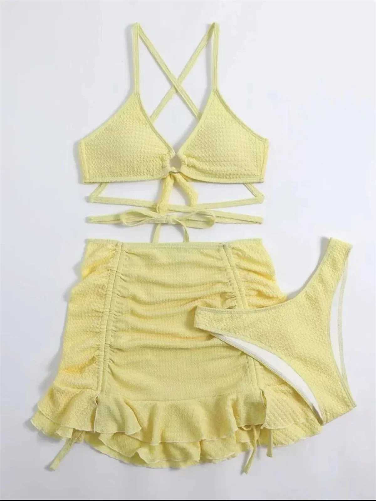 Sexy Yellow Bikini Women Solid Halter Ring Linked Criss Cross Cover Up 3 Piece Swimsuit 2024 Bathing Suit Ruffles Skirt SwimwearXJ250120