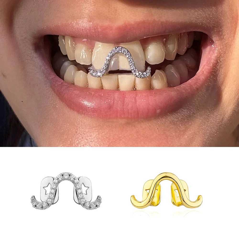 RACHELZ Gold Silver Color Curved Waves Teeth Grillz Punk S Shape Full CZ Stone Tooth Caps For Women Men Couple Jewelry GiftXJ250114