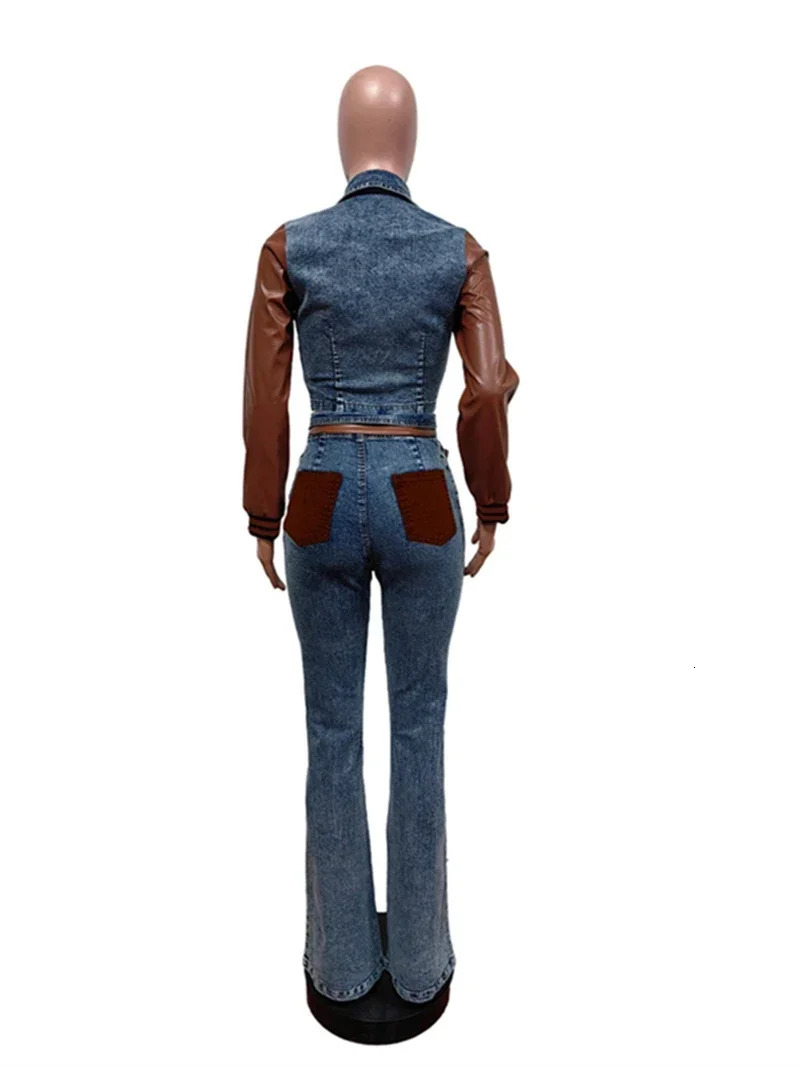 Colorblock Denim 2 Piece Sets Women Outfit Fall Clothes Women Patchwork Jean Jacket Top and Pants Sets Cow Two Piece Set 250120