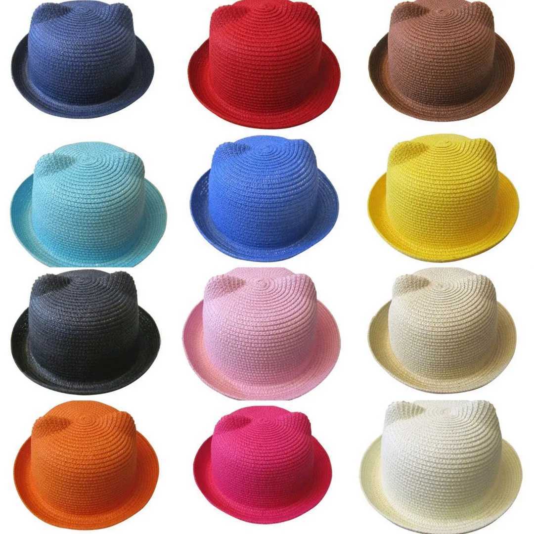 Mistdawn Cute Children Boys Girls Straw Hat Cats ears (Steamed cat-ear shaped bread) Devil Horn Bowling Derby Hat Summer Beach Sunhat M250121