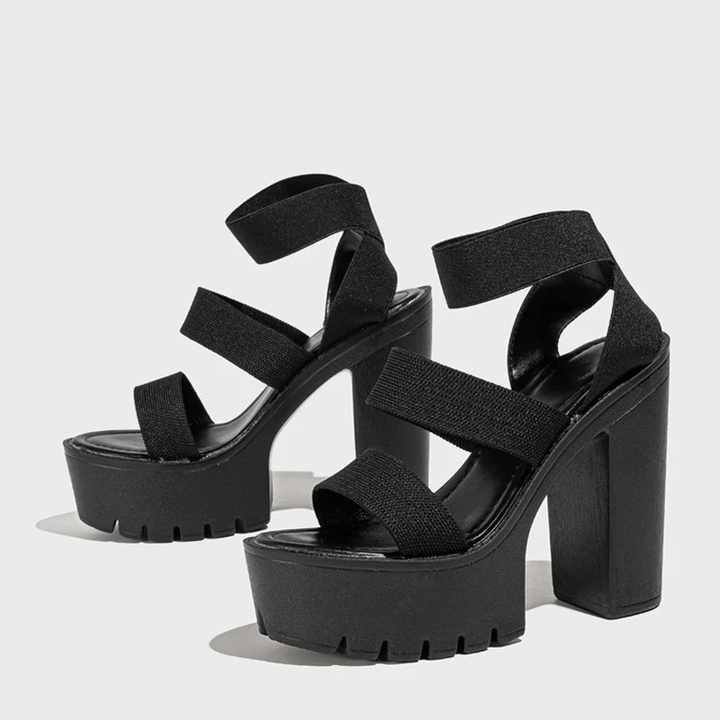 Liyke Punk Style Chunky High Heels Platform Sandals Women Open Toe Slip On Stretch Ankle Strap Summer Shoes Female Zapatos Mujer 250113