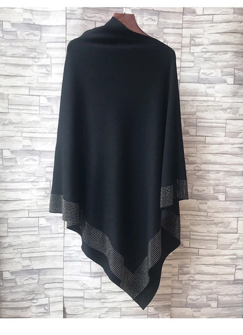 Autumn Fashion Winter Diamonds Knit Shawl Cloak Loose Plus Size Solid Woman Poncho Cape Pullover Sweater Black 250121