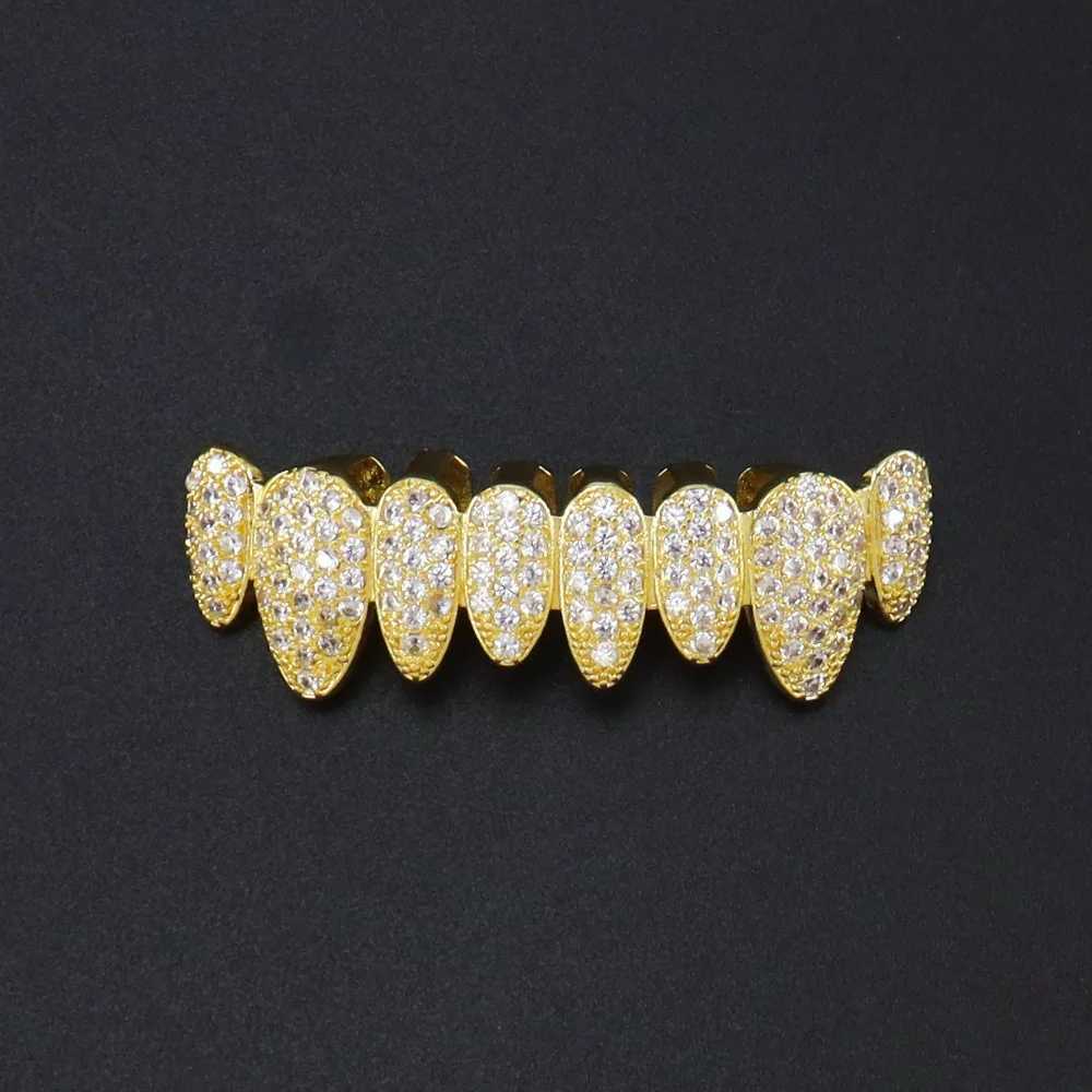 1set Hip Hop Iced Out Teeth Grillz Gold Plated Dental Grills Rock Tooth Grillz Caps Crystal Teeth Caps Halloween Tooth GiftXJ250114