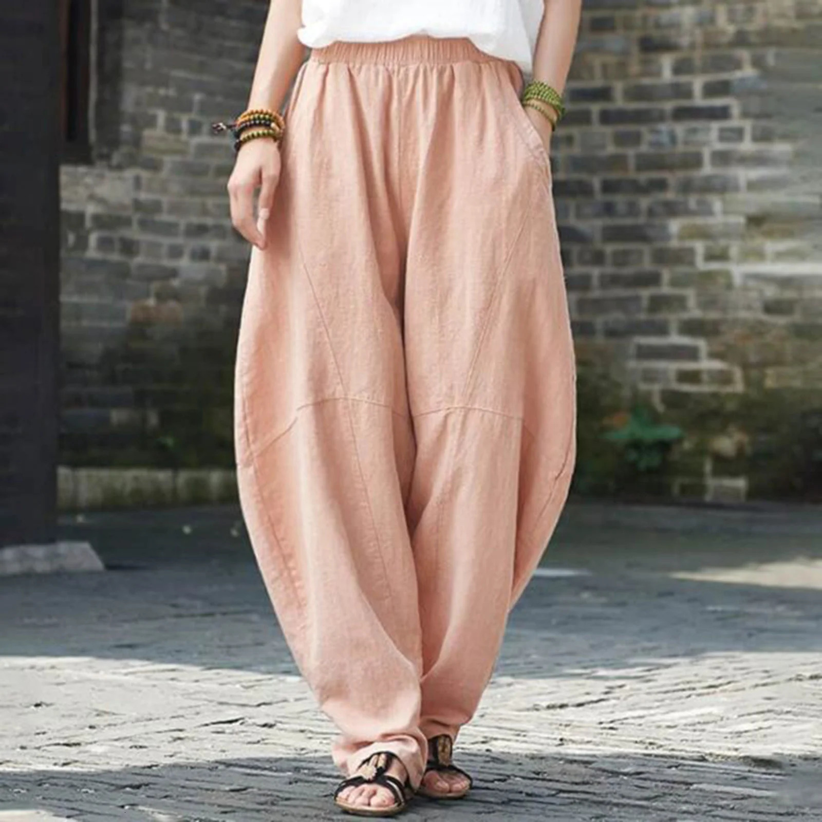 Cotton Linen Loose Fitting Women Casual Cargo Pants Solid Baggy Pants Woman Trousers 250117