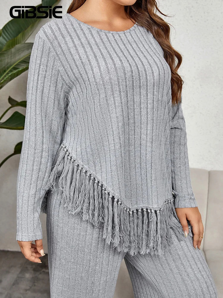 GIBSIE Plus Size Women Home Style Two Piece Outfit Fall Casual ONeck Long Sleeve Tassel Hem Tops with Wide Leg Pants Sets 250122
