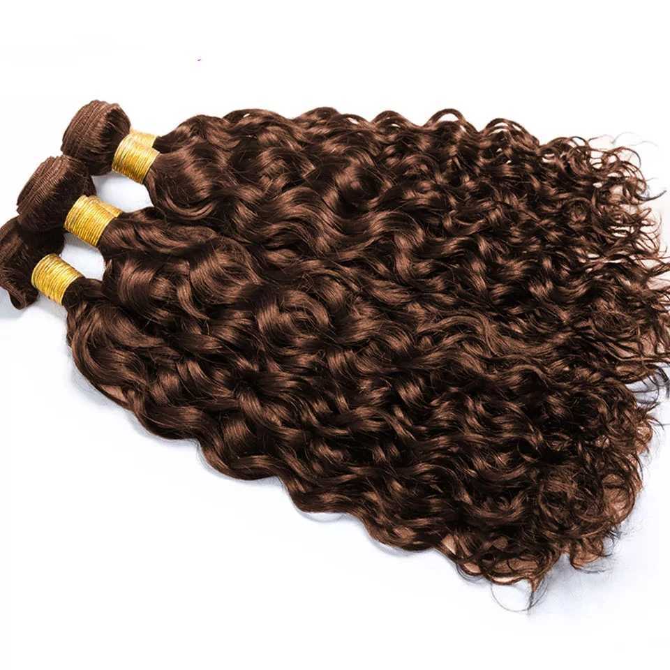 Cheap #4 Brown Water Wave Human Hair Bundles With HD Lace Clo Frontal Deep Curly Bundles with Clo 100% Virgin Human HairXJ250120