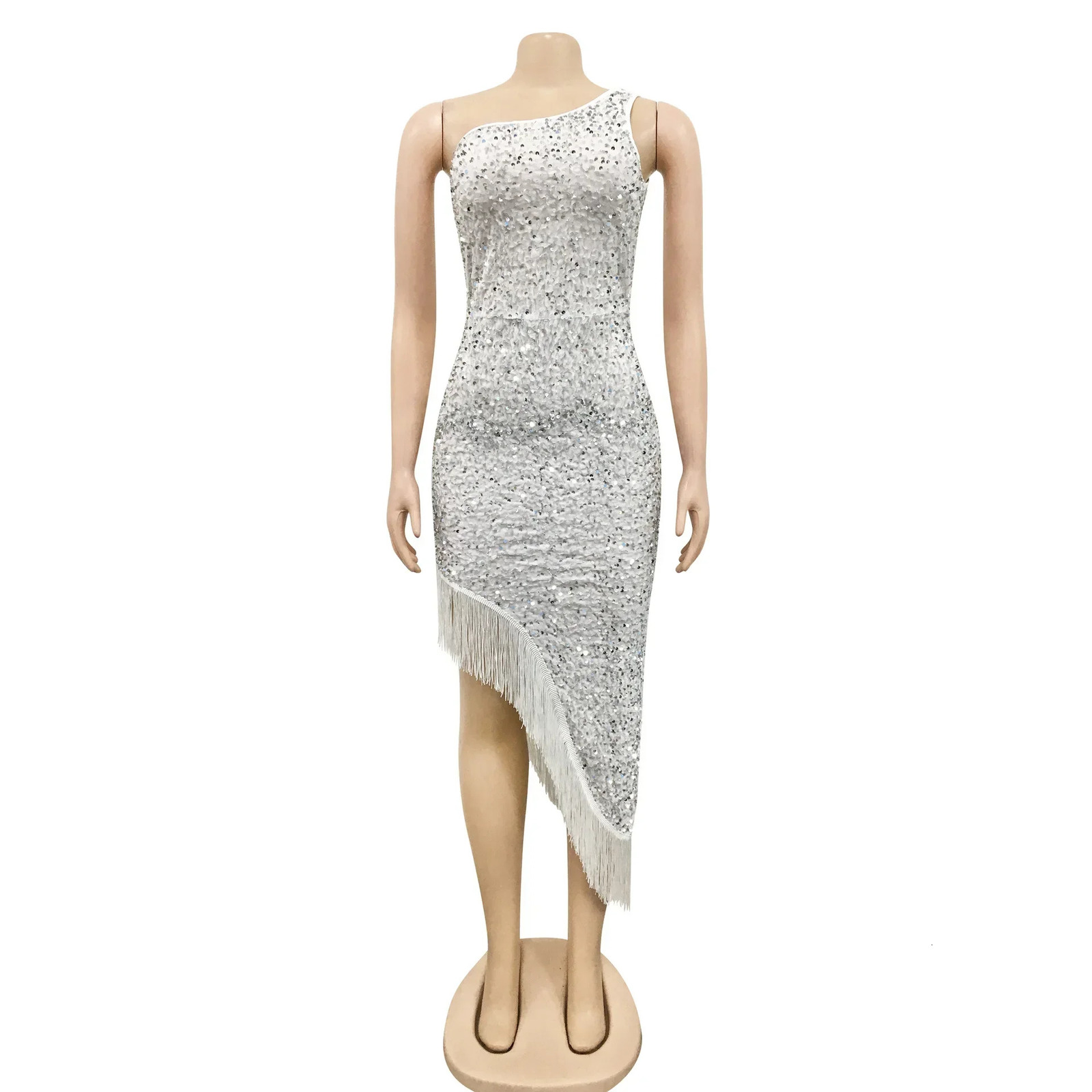 CM.YAYA Women Tassel Side Sequins One Shoulder Skew Neck Bodycon Midi Maix Irregular High Low Long Dress Sexy Night Party 250109