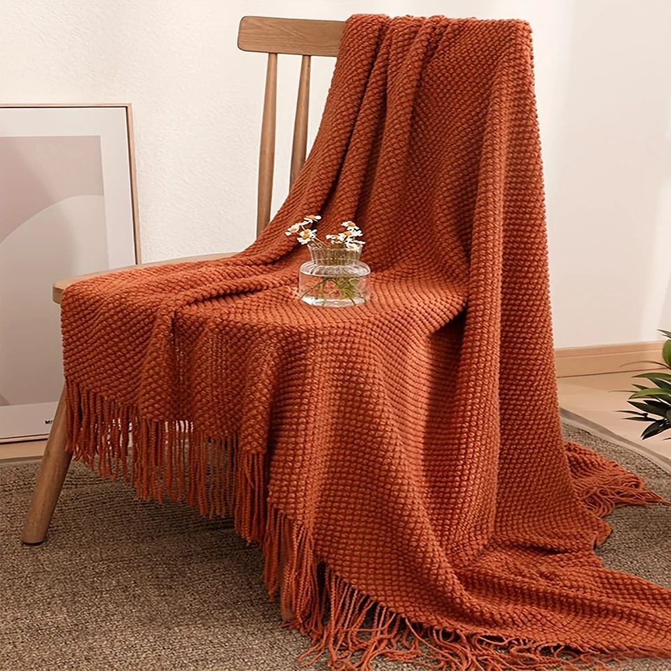 1pc Morandi Orange Tassel Knitted Blanket Soft Warm Throw Blanket Nap Blanket For Couch Sofa Office Bed Camping Travelling 250113