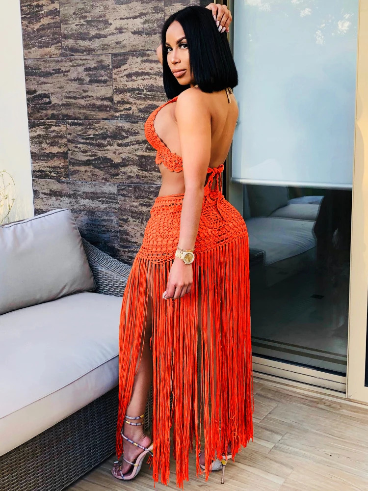 Leosoxs Sexy Women Knitted Set Halter Backless Crop Top Long Tassels Skirt Two Pieces Set Crocheted Beach Outfits 250122