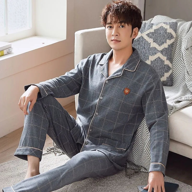 High-Grade Cotton Pyjamas Mens Autumn Winter Long-Sleeved Big Yards Outside the Cardigan Homewear Plaid Sleepwear Man2PCS/Set 250108