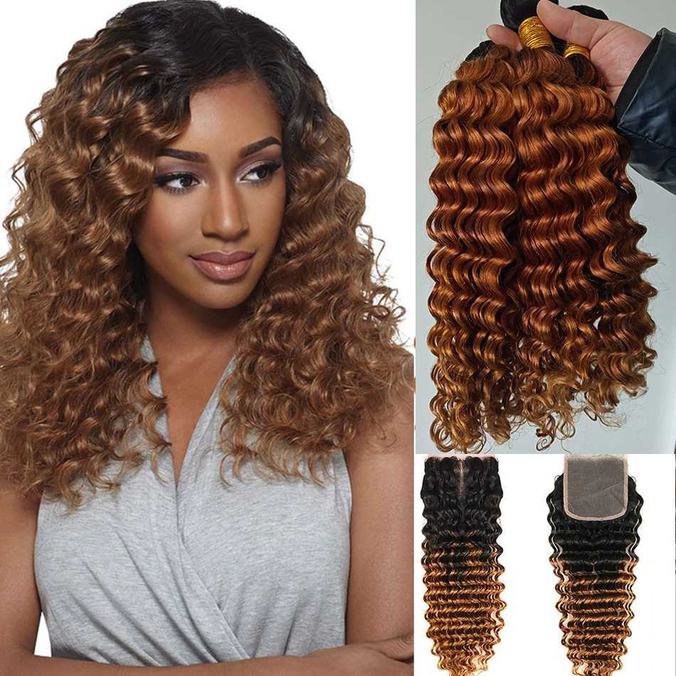 12A Ombre Brazilian Virgin Curly Hair 3 Bundles With Clo Ombre Deep Wave 3 Bundles With Clo 100% Human Hair With CloXJ250120
