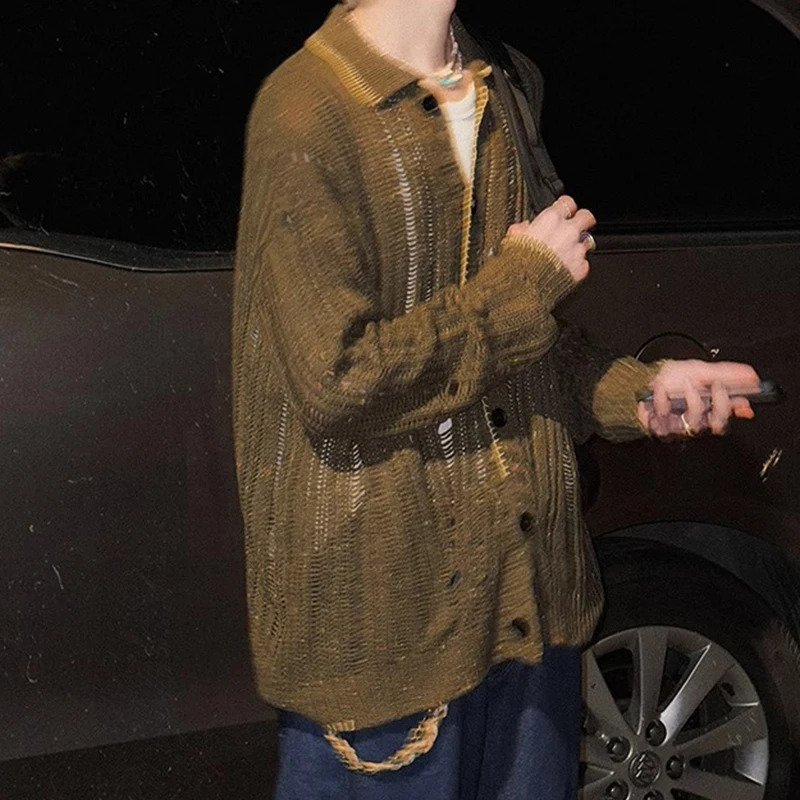 Casual Knitted Hollow Out Shirts Mens Vintage Long Sleeve Lapel Buttoned Knit Cardigan Tops Men Spring Fashion Solid Color Shirt 250118