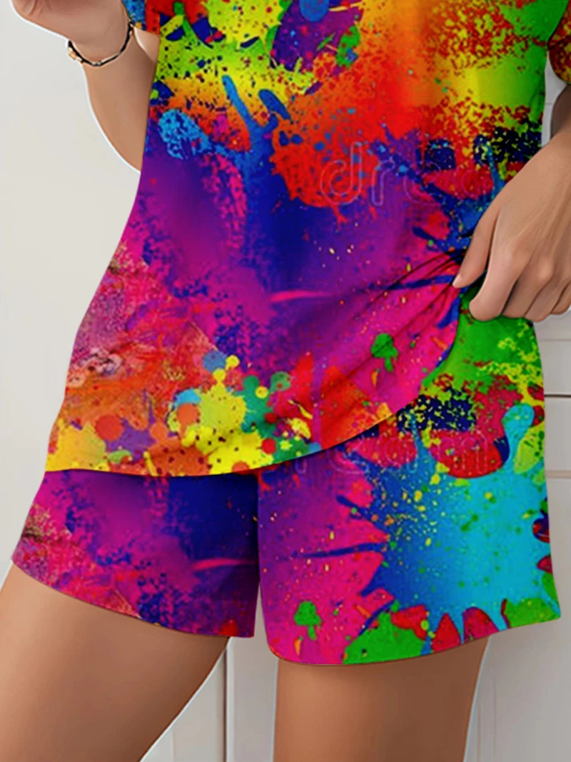 Womens Fashion Printed 2Piece Sets with Uneck Short Sleeve Set Holiday Homewear Shorts Plus Size 250122