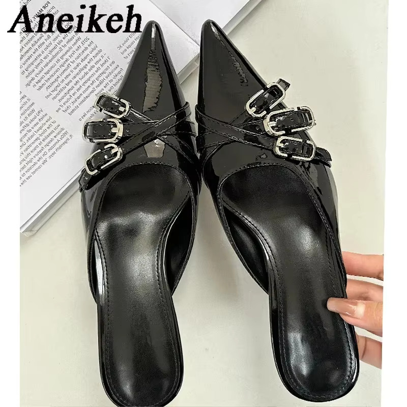 Aneikeh Fashion Pointed Toe Women Slippers Designer Shallow Thin Heels Banquet Dress Mule Ladies Shoes Atos De Mujer