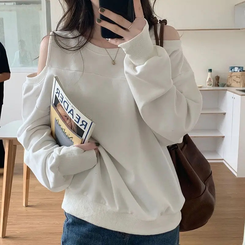 Vintage Hollow Out Off Shoulder Loose Hoodies Spring Autumn Long Sleeve Korean Pullovers Top Fashion Casual Women Clothing 250122