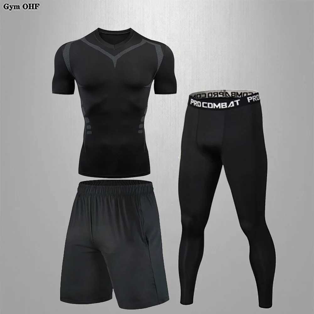 3-piece mens solid color quick dry running set mens gym T-shirt tight fitting set outdoor sports compression shirt X250129