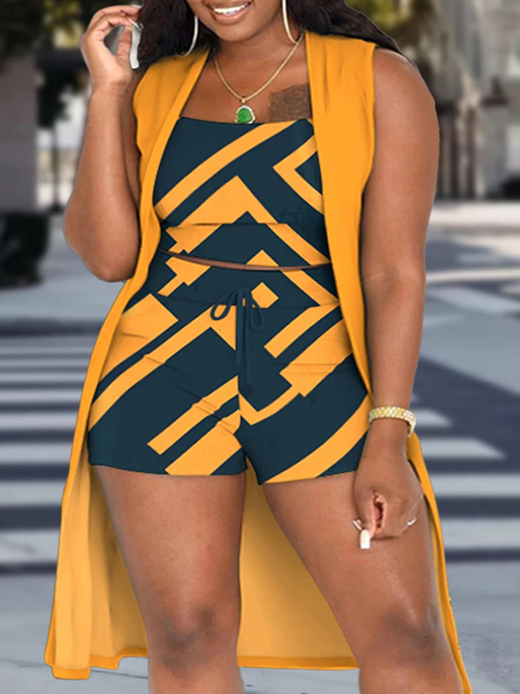 Plus Size Casual Outfits Two Piece Set Womens Color Lock Geometric Print Top Open Fleece Drawstring Shorts 2 Pieces 250122
