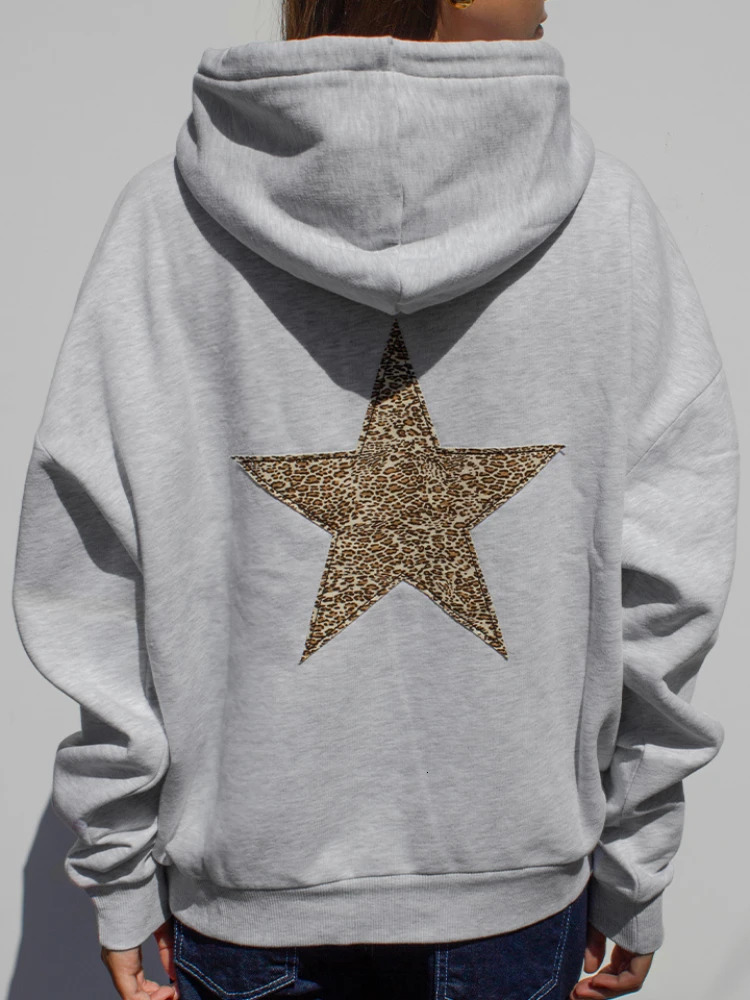 European and American crossborder womens long sleeved star printed shoulder down hooded drawstring sweatshirt 250122