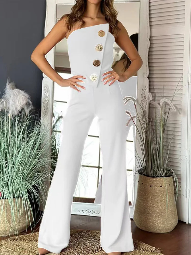 Summer Women Strapless Patchwork Jumpsuits Simple Sleeveless High Waist Playsuits Chic Wide Leg Pants Solid Bodysuits 250114
