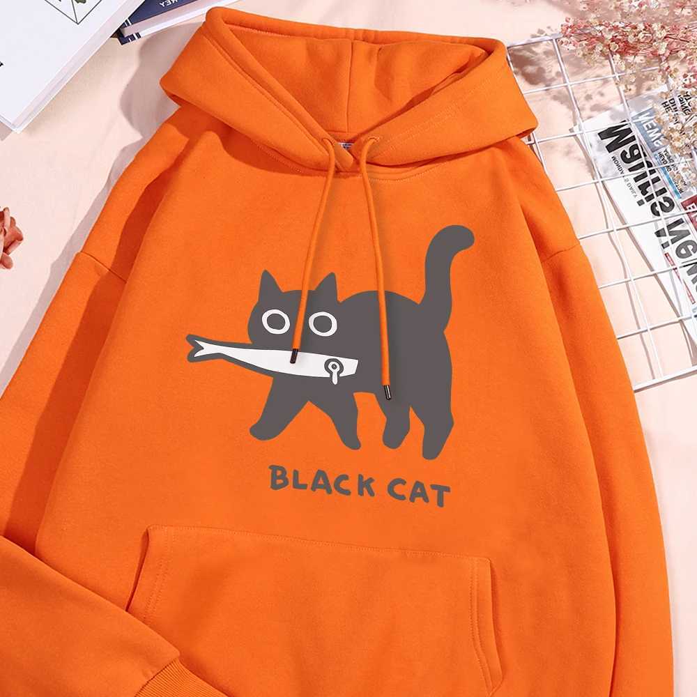 Fun A Black Cat Eating Fish Hoody Men Women Harajuku Fashion Sweatshirt Loose Oversized Streetwear Fleece Warm Couple HoodiesXJ2500118