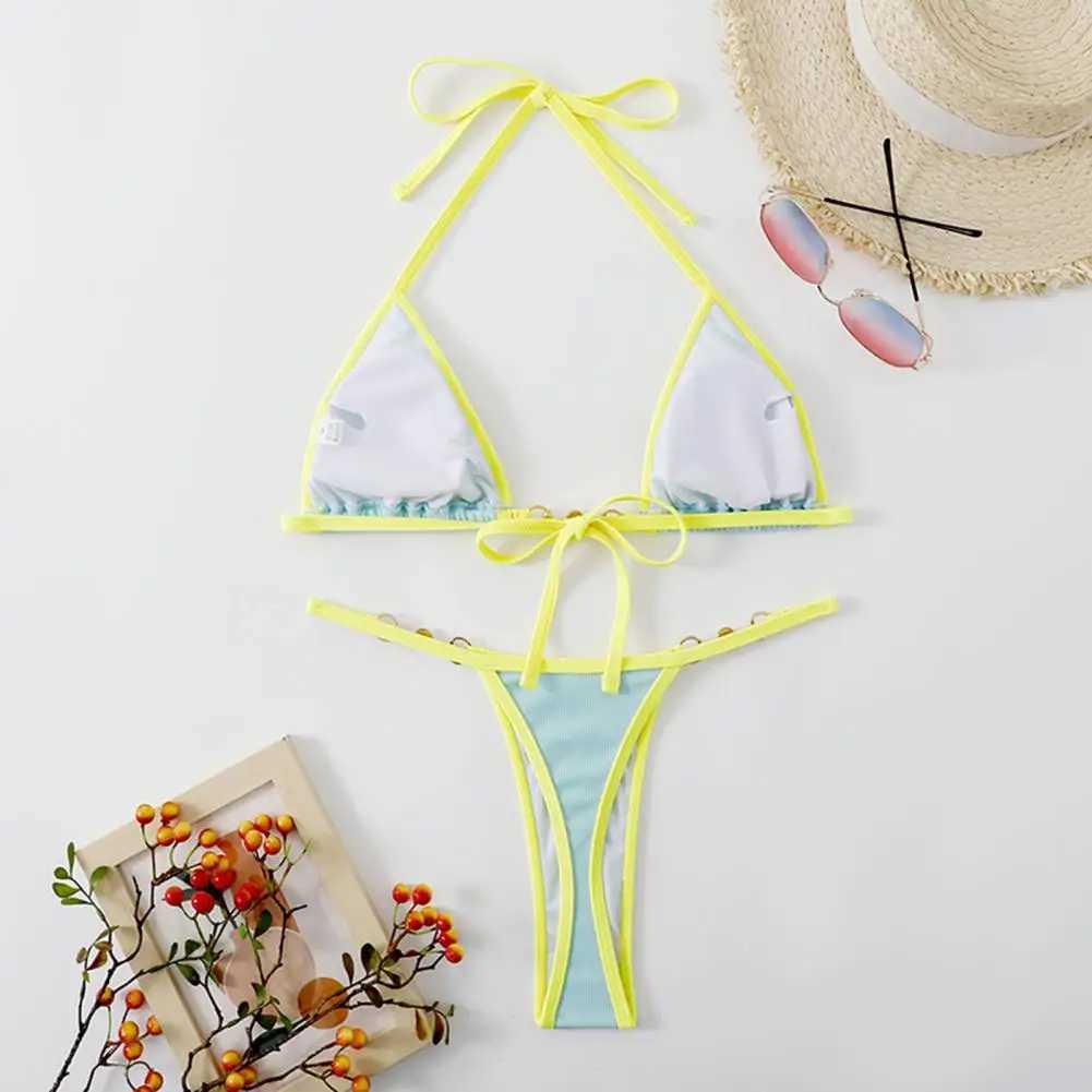 Women Bikini Set Contrast Color Halter Neck Three-point Pearl Deep V Neck Swimming Suit Bathers Women Micro Thong BikinisXJ250120
