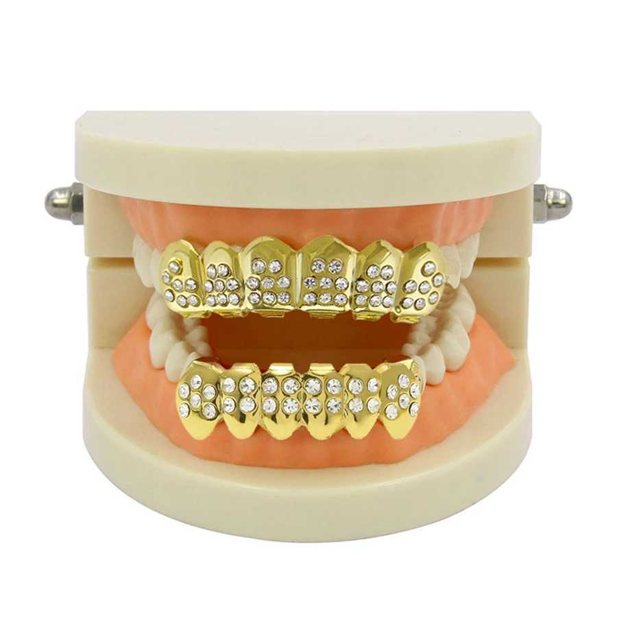 Gold Plated Iced Out CZ Teeth Grillz For Unisex Bling Full Zircon Pave Top Bottom Grills Set Punk Hip Hop Dental JewelryXJ250114