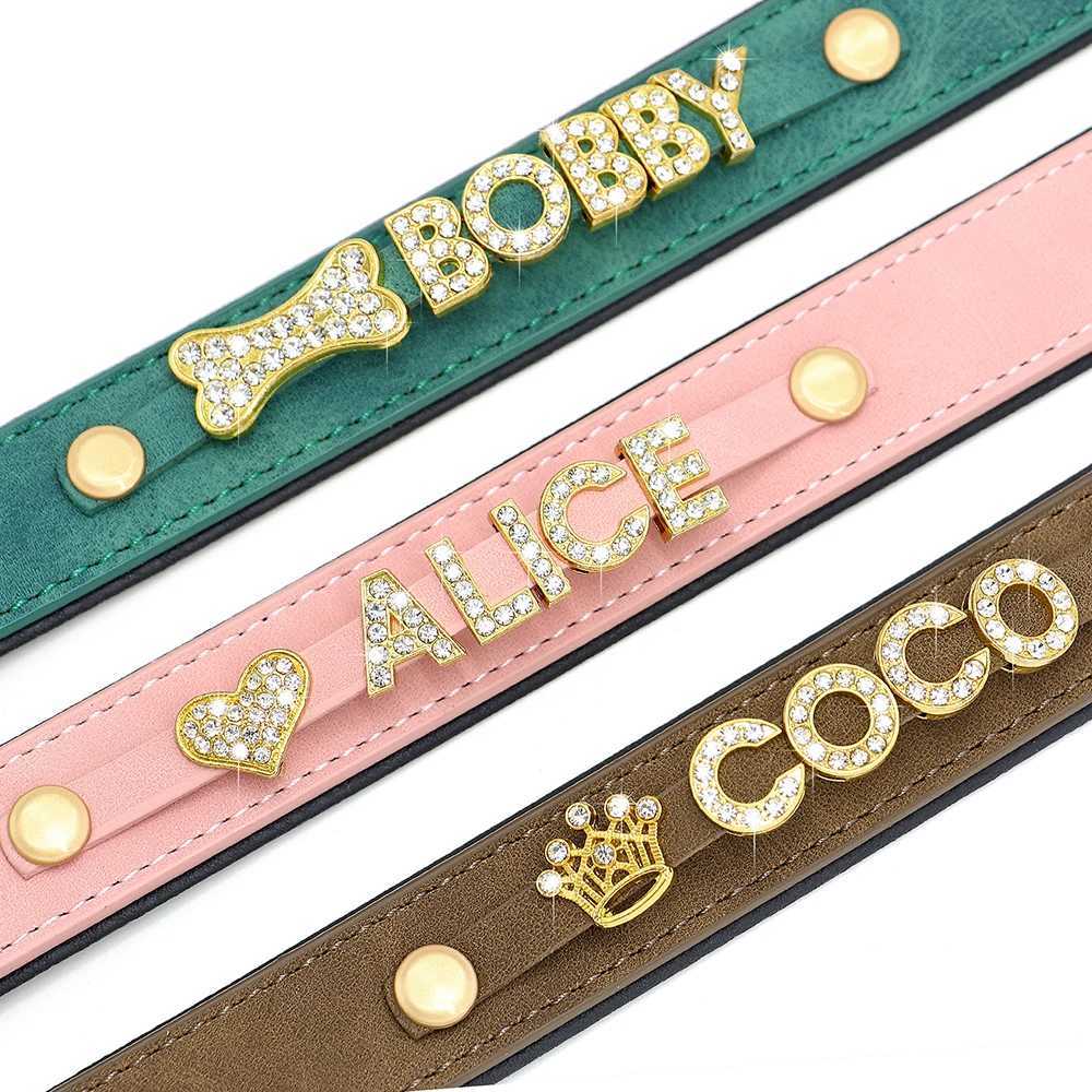 Custom Leather Dog Collar Personized Dogs Name Collars Bling Rhinestone Pet Necklace DIY Name Free Bone Paw Heart Charm X250129