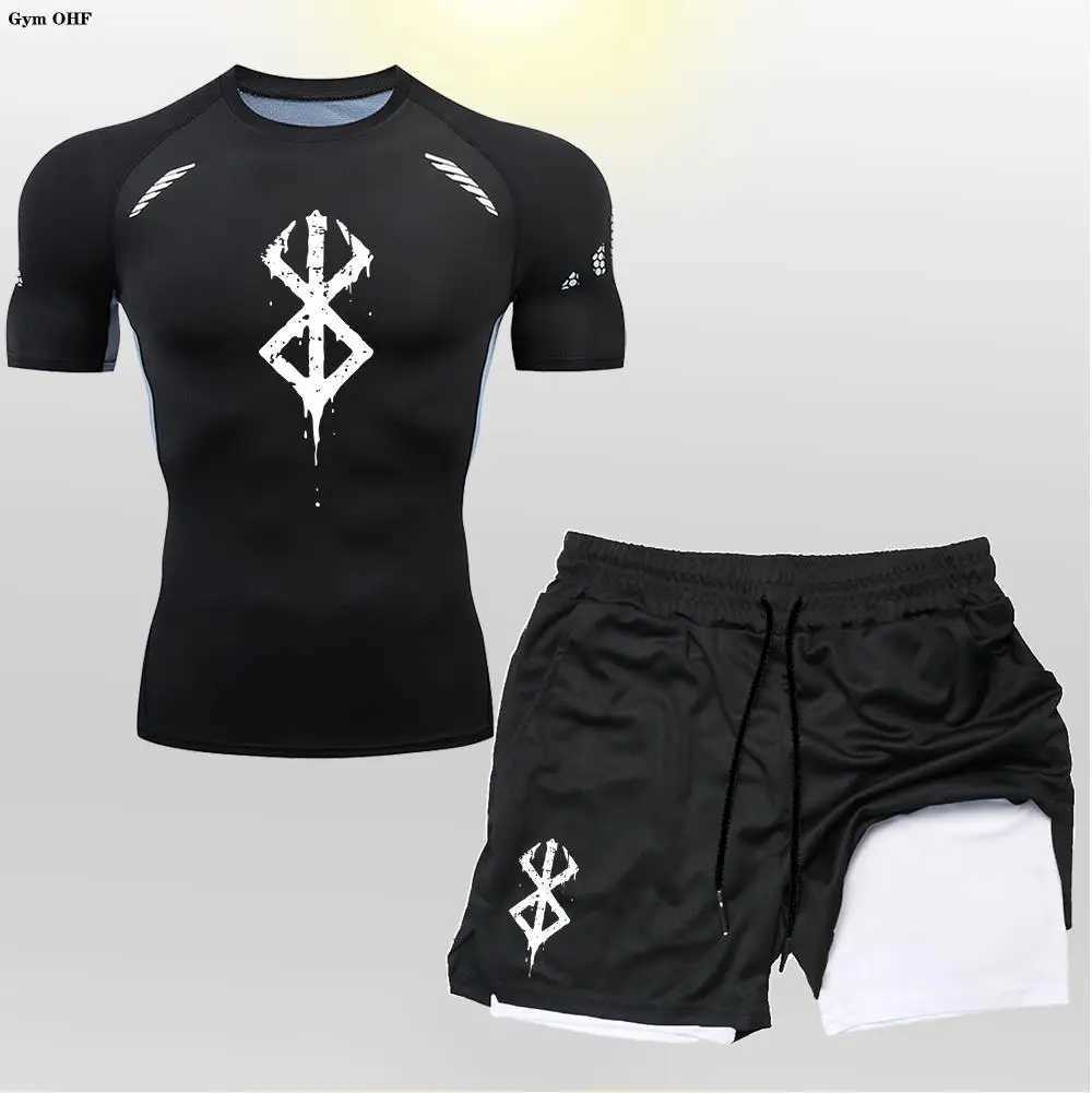 Anime Mens Cycling Sportswear Quick Dry Tight Fitting Sport 2 In 1 Double-Deck Shorts Mens T Shirt Suit Men Gym Running Trained X250129