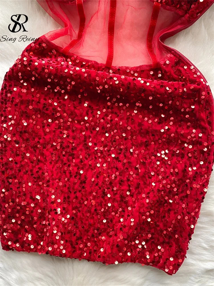 SINGREINY Autumn Bodycon Sexy Dress 2023 Fashion Mesh Sequins n Diagonal Collar Sleeveles Transparent Midi 250121