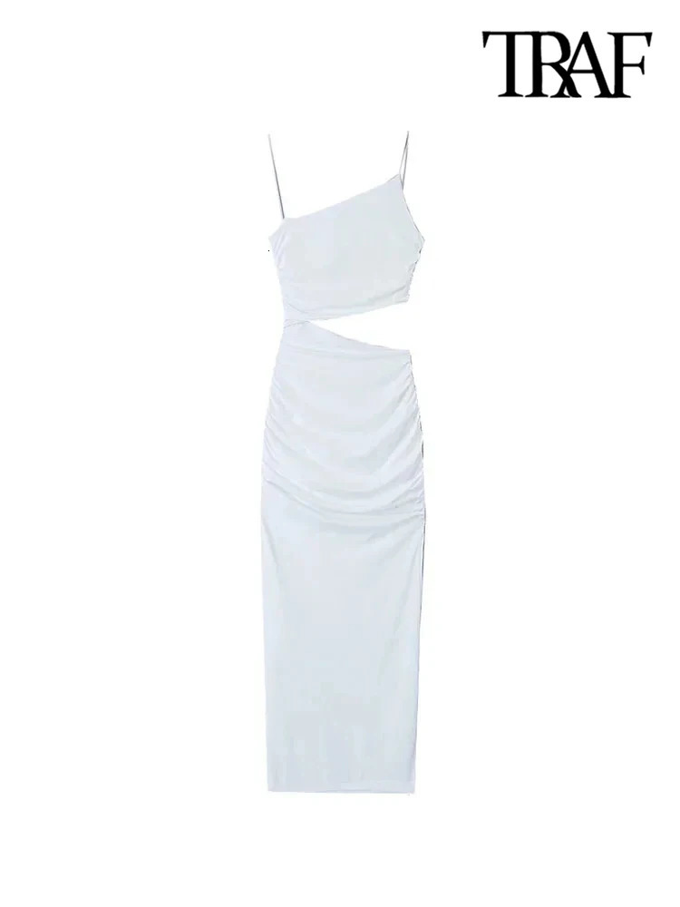 TRAF Women Fashion With Gathered Hollow Out Midi Dress Sexy Asymmetric Neck Thin Straps Female Dresses Vestidos Mujer 250121