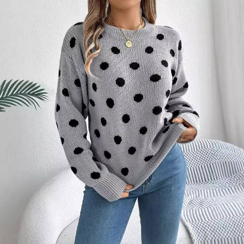 2025 Autumn/Winter Casual Contrast Color Polka Dot Sweater Women Round Neck Loose Pullover Female Fashionable Retro Outerwear