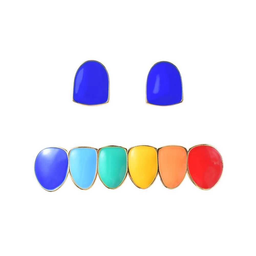 Multi Color Drip Oil CZ Teeth Grillz Caps Cubic Zircon Iced Out MicroTop Bottom Charm Grills For Men Women Jewelry Xmas GiftXJ250114