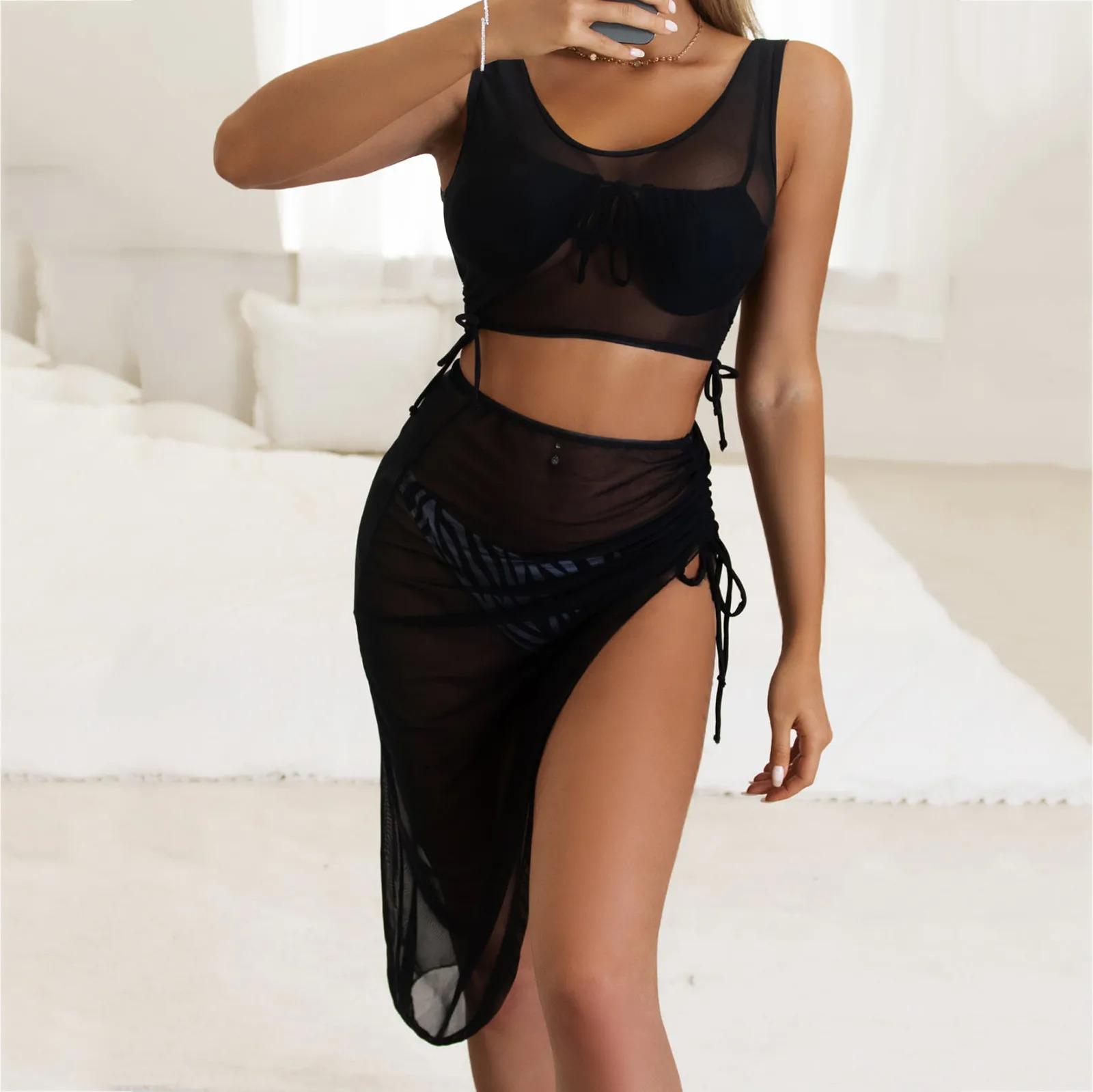 Two Piece Set Women Summer Bikini Cover Up Beach Tank Dress Sexy Sleeveless Mesh Transparent Top Skirt Vacation Wear 250120