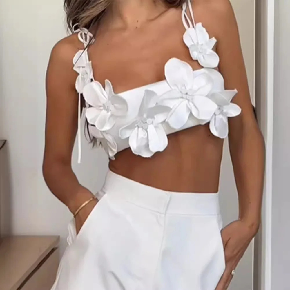 Casual 3D Flower Spaghetti Strap Top Lace-up V-Neck Camisole Sleeveless Sexy Crop Tops for Women 250116