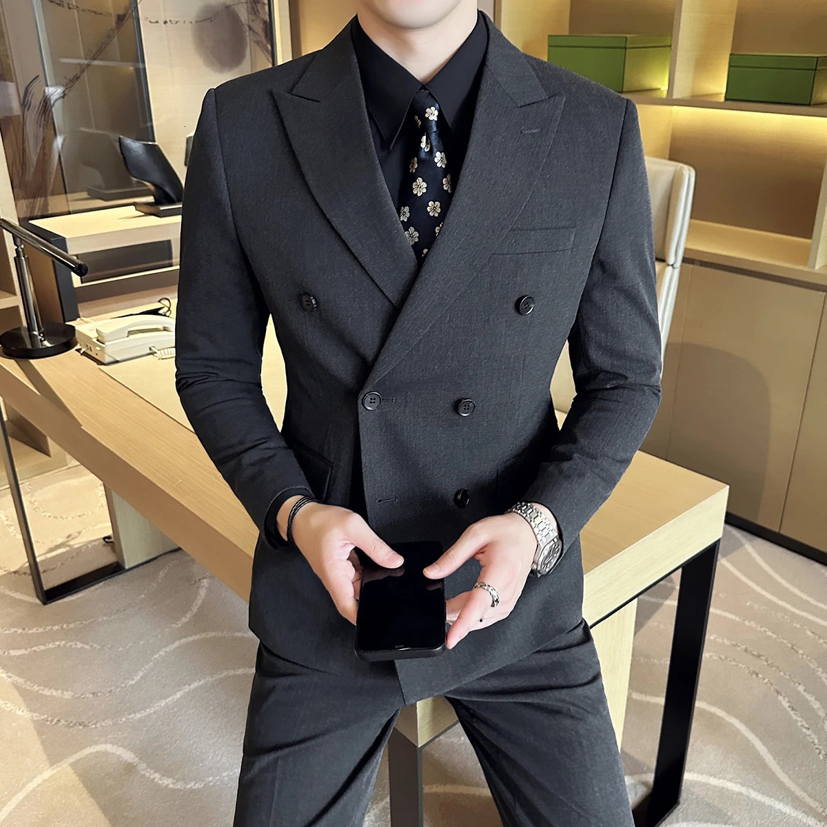 M6XL Blazer Vest Pants Highend Gray Black Mens Casual Business Doublebreasted Suit Grooms Wedding Slim 250122