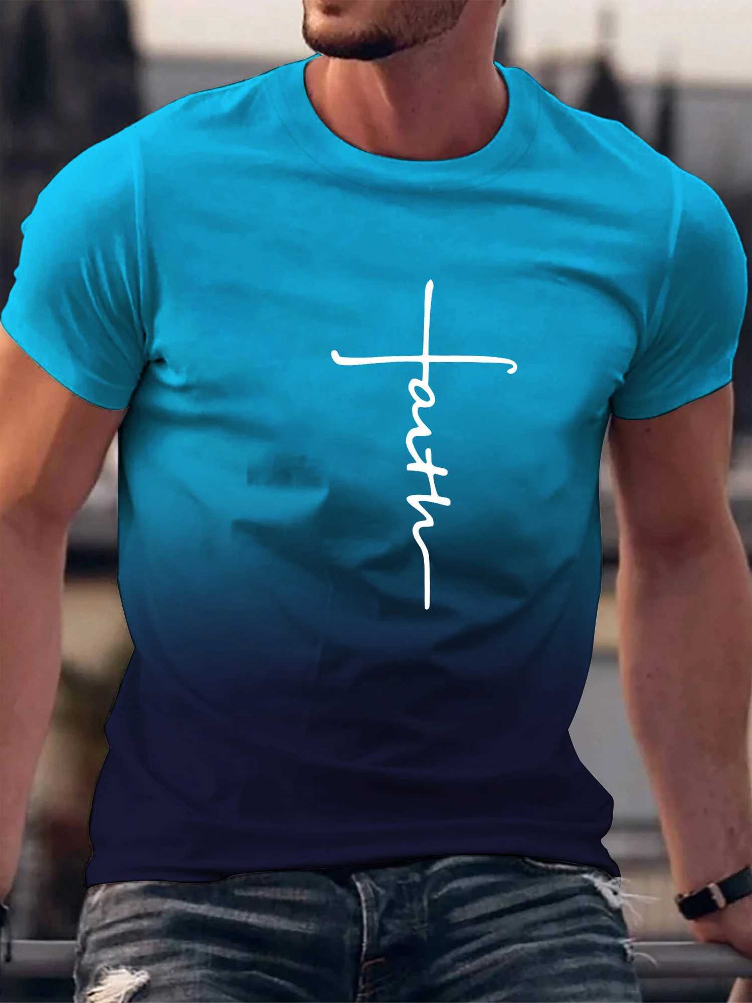 FAITH T-shirt Mens Gradient Color And Alphabet Print With Crew Neck Short Sleeve Casual Trendy Tops Suitable For SummerXJ250117